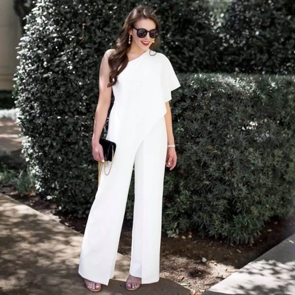 Betsy & Adam Pants - Betsey & Adam Elegant Off White One-Shoulder Jumpsuit